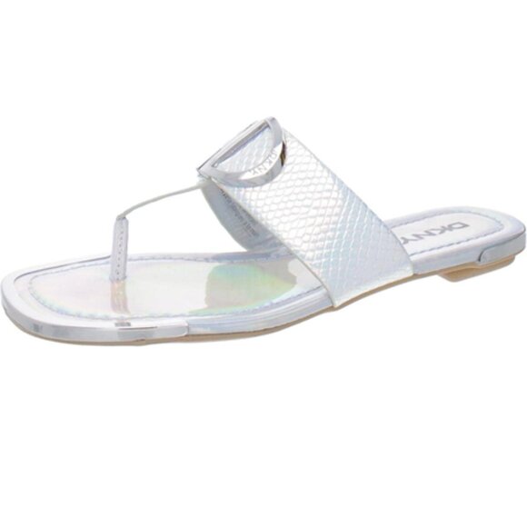 DKNY Halcott Flat Thong Sandals Snake Print Python US 6 Silver Iridescent Slides - Picture 2 of 9